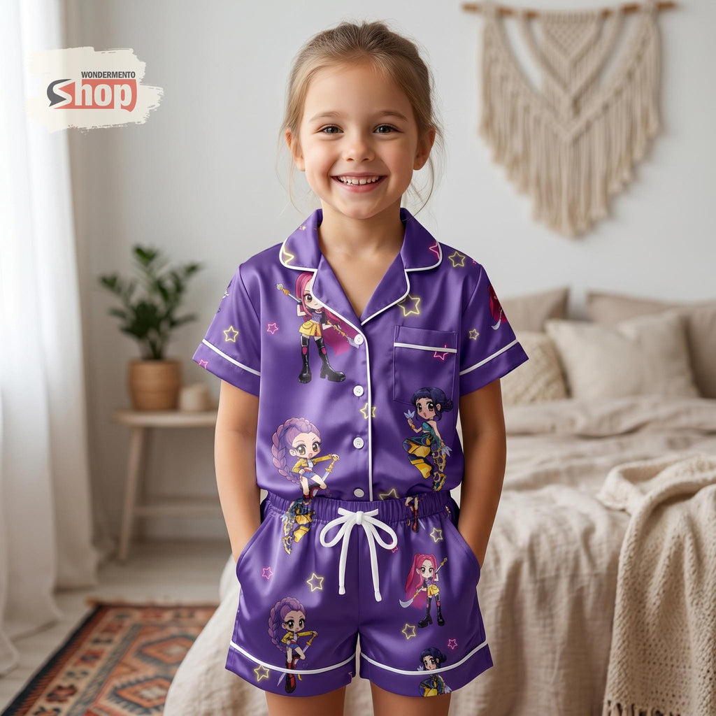 Kpop Inspired Kids Pajamas Set, Cute Anime Girl Pajama Set, Toddler Satin Short PJs, KPop Demon Hunters Birthday Gifts