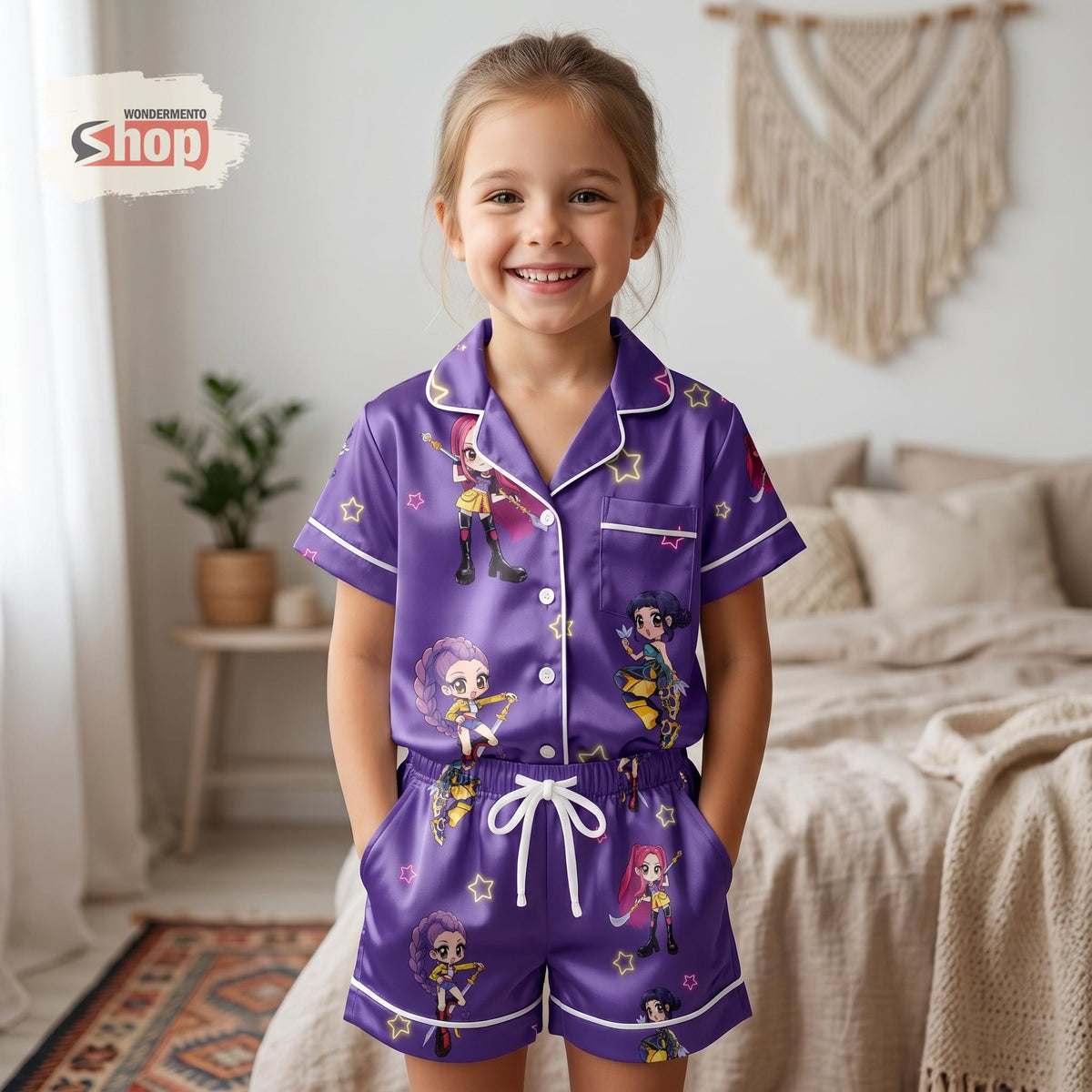 Kpop Inspired Kids Pajamas Set, Cute Anime Girl Pajama Set, Toddler Satin Short PJs, KPop Demon Hunters Birthday Gifts