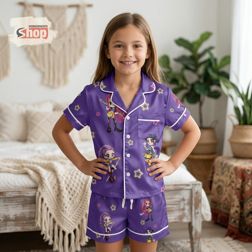 Kpop Inspired Kids Pajamas Set, Cute Anime Girl Pajama Set, Toddler Satin Short PJs, KPop Demon Hunters Birthday Gifts