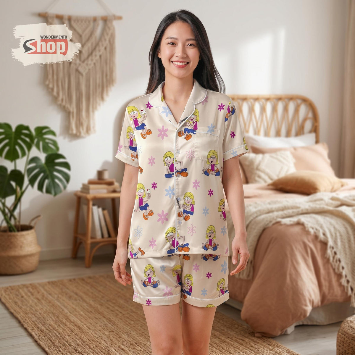 Lizzie McGuire Satin Pajamas Set, Disney Channel Cute Sleepwear, Short Sleeve Summer PJs, Matching Pajama Gift For Women Girls Fans