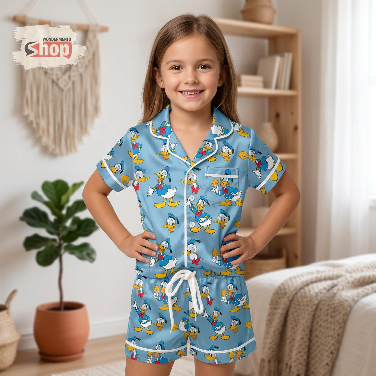 Donald Duck Kids Pajama Set, Disney Girls Satin Sleepwear, Short Sleeve Button Up PJs, Cute Toddler Summer Shorts Birthday Gift 2026