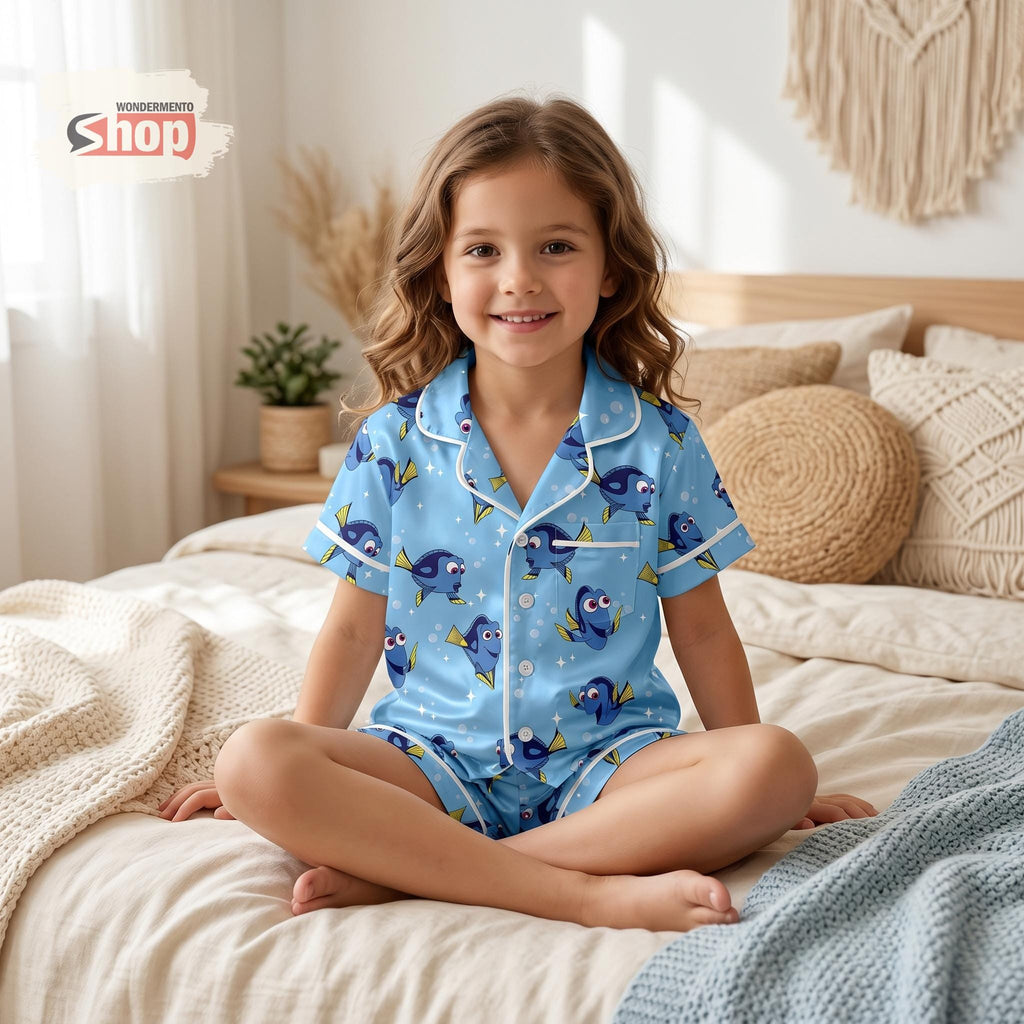 Finding Dory Kids Pajama Set, Nemo Friends Disney Girls Satin Sleepwear, Short Sleeve Button Up PJs, Toddler Summer Birthday Gift 2026