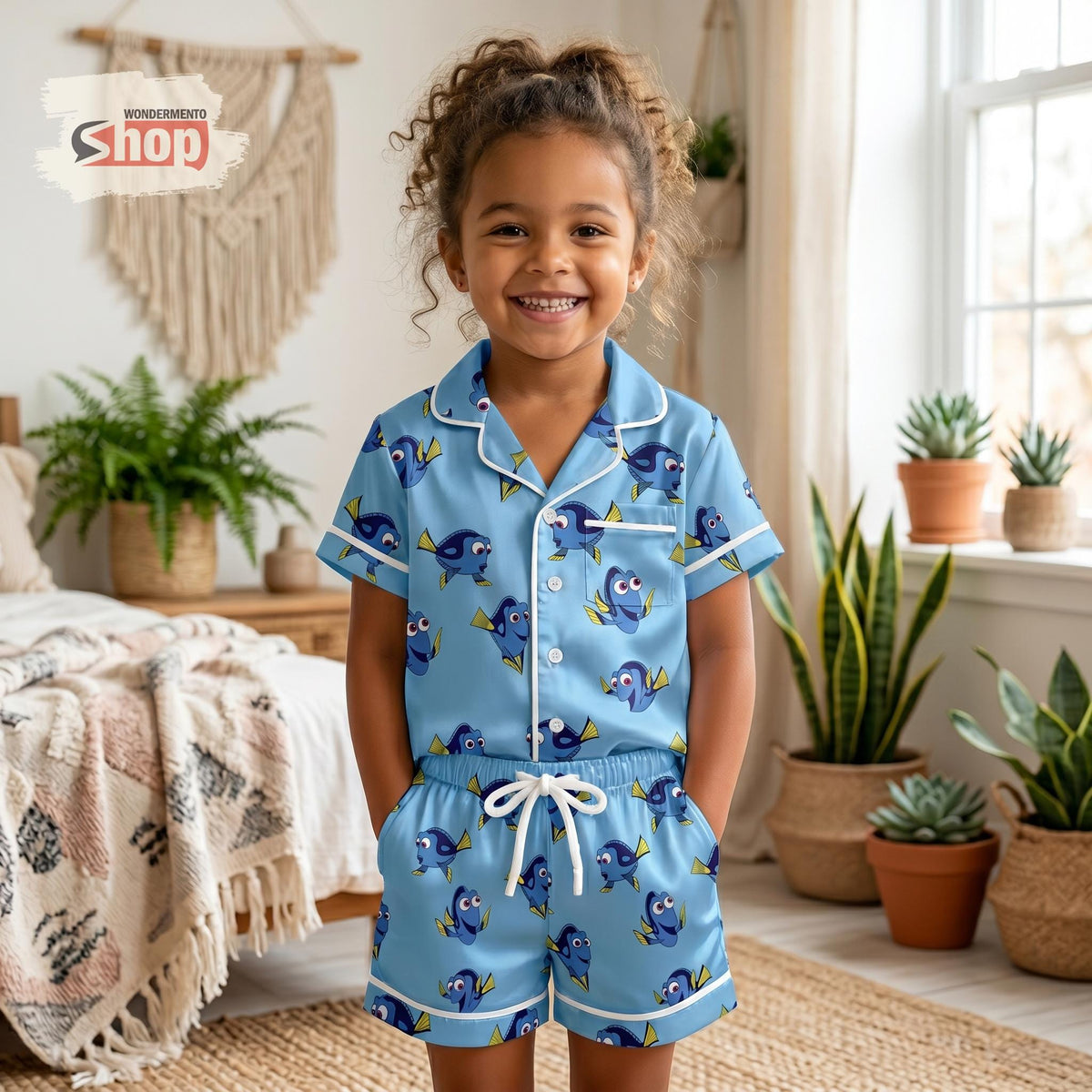 Finding Dory Kids Pajama Set, Nemo Friends Disney Girls Satin Sleepwear, Short Sleeve Button Up PJs, Toddler Summer Birthday Gift 2026