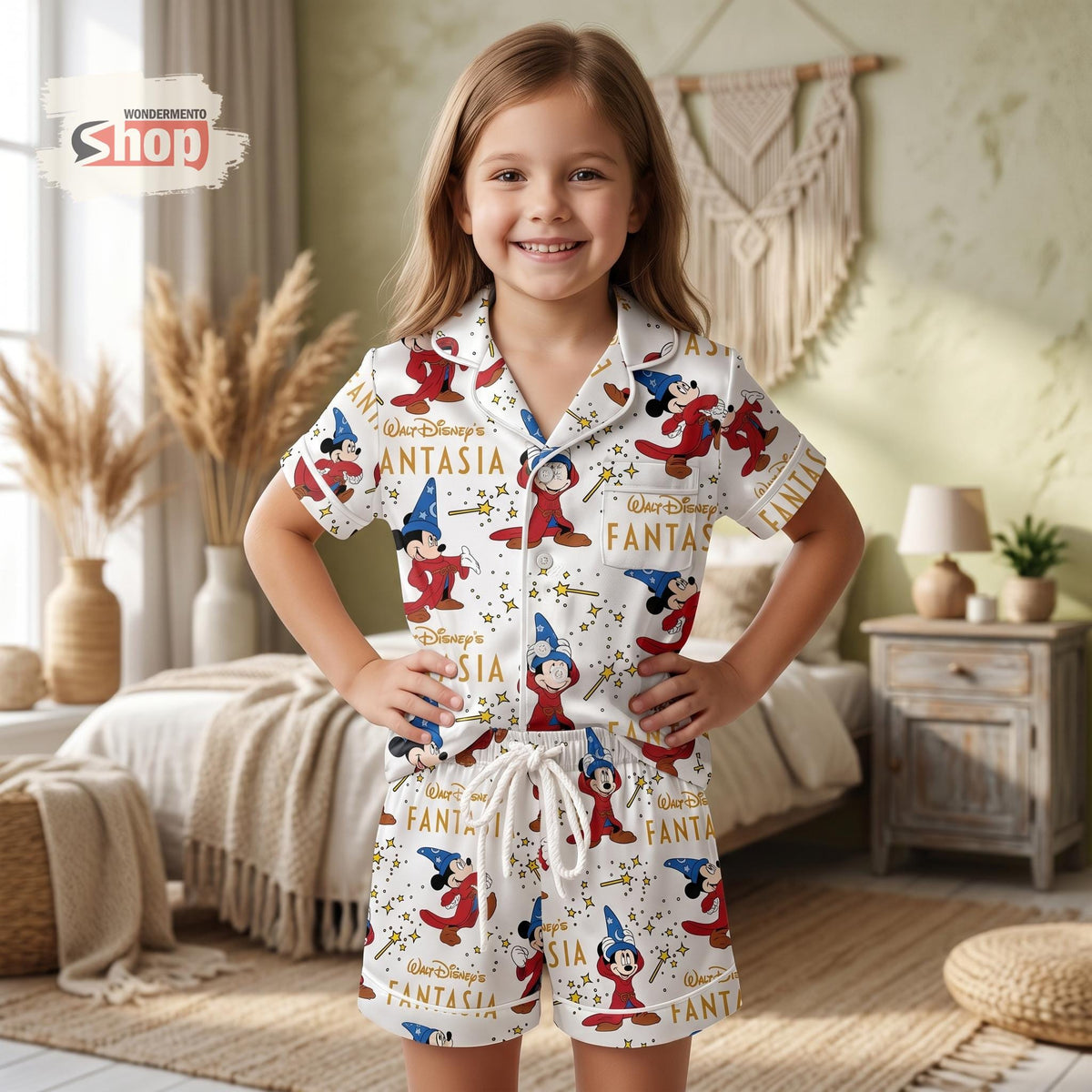 Mickey Fantasia Kids Pajama Set, Disney Girls Satin Sleepwear, Sorcerer Mickey Short Sleeve Button Up PJs, Toddler Birthday Gift 2026