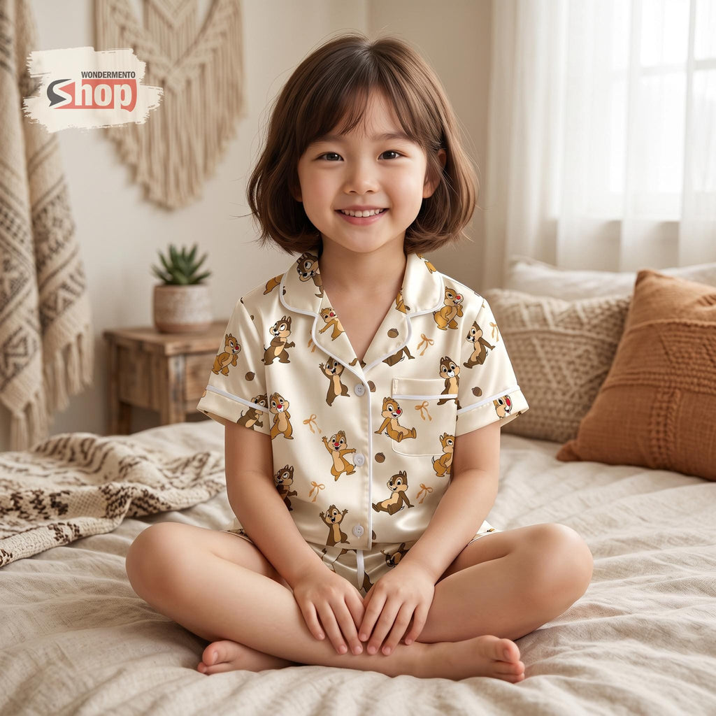 Chip and Dale Kids Pajama Set, Coquette Disney Girls Satin Sleepwear, Short Sleeve Button Up PJs, Toddler Girl Birthday Gift 2026