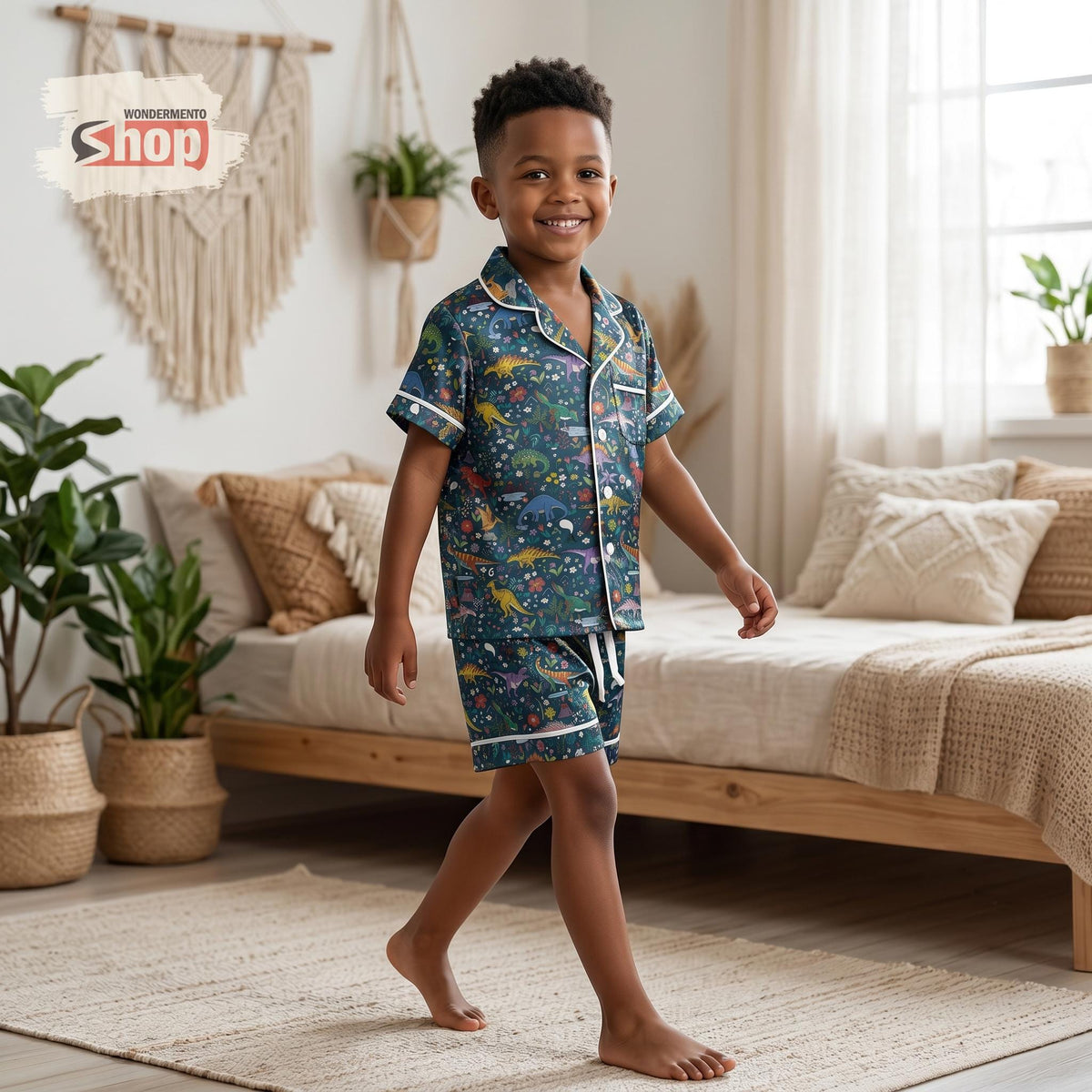 Dinosaur Kids Satin Pajamas Set, Cute T Rex Toddler Sleepwear, Jurassic Dino Summer PJs, Boys Birthday Gift, Kids Loungewear Nightwear