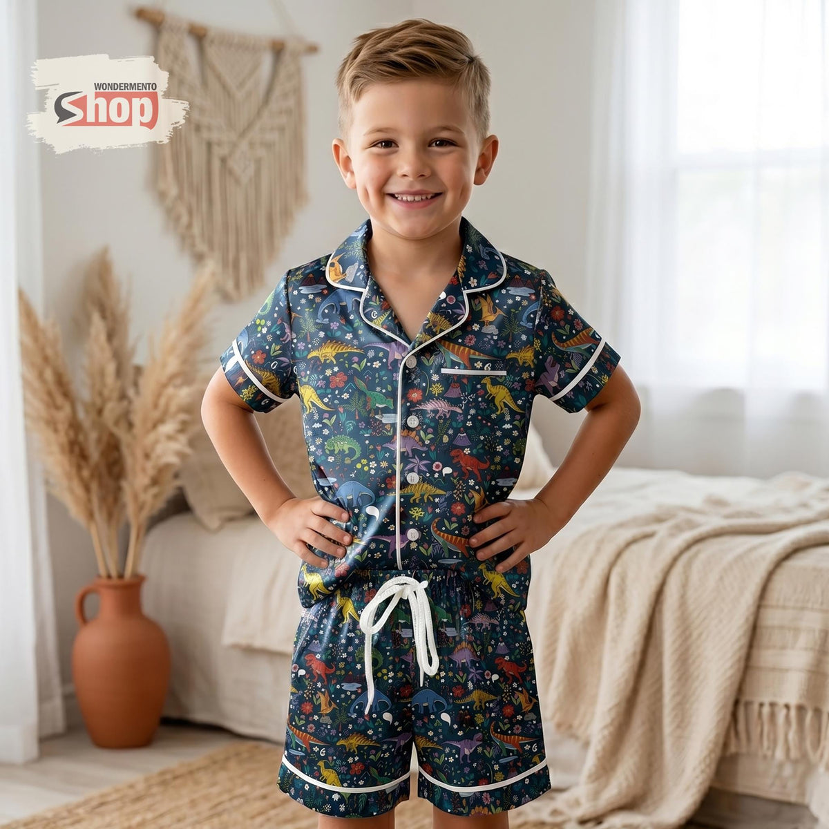 Dinosaur Kids Satin Pajamas Set, Cute T Rex Toddler Sleepwear, Jurassic Dino Summer PJs, Boys Birthday Gift, Kids Loungewear Nightwear