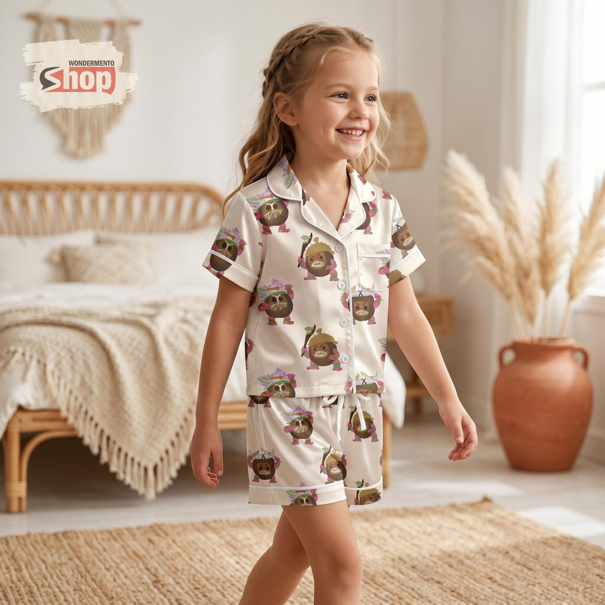 Moana Kakamora Kids Pajama Set, Coconut Pirate Disney Satin Sleepwear, Short Sleeve Button Up PJs, Tropical Toddler Birthday Gift 2026