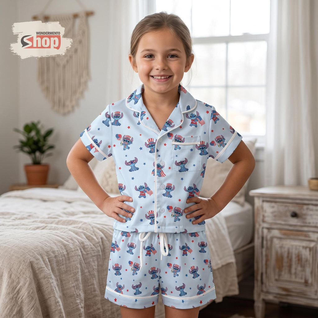 Stitch 4th of July Kids Pajama Set, Disney Girls Satin Sleepwear, USA Patriotic Short Sleeve PJs, Toddler Summer Birthday Gift 2026