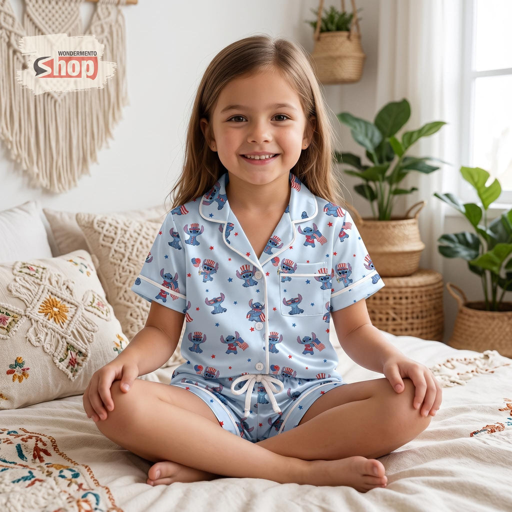 Stitch 4th of July Kids Pajama Set, Disney Girls Satin Sleepwear, USA Patriotic Short Sleeve PJs, Toddler Summer Birthday Gift 2026