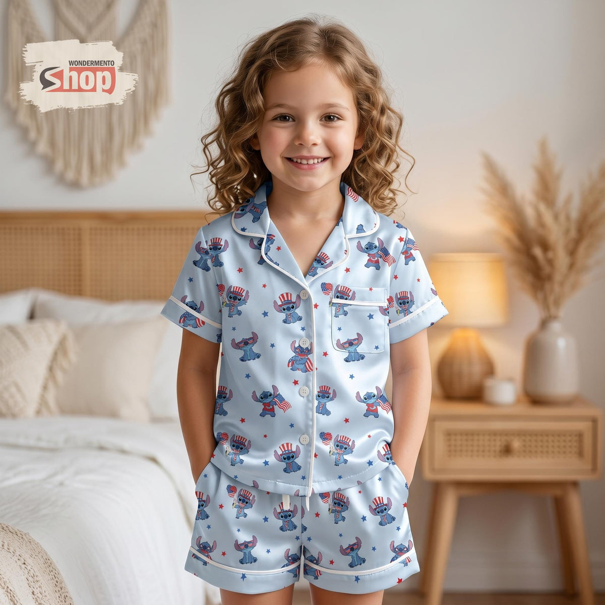Stitch 4th of July Kids Pajama Set, Disney Girls Satin Sleepwear, USA Patriotic Short Sleeve PJs, Toddler Summer Birthday Gift 2026