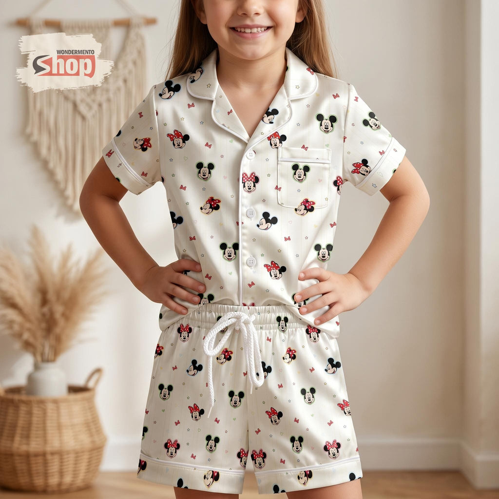 Mickey Minnie Mouse Kids Pajama Set, Disney Girls Satin Sleepwear, Cute Short Sleeve Button Up PJs, Toddler Summer Birthday Gift 2026