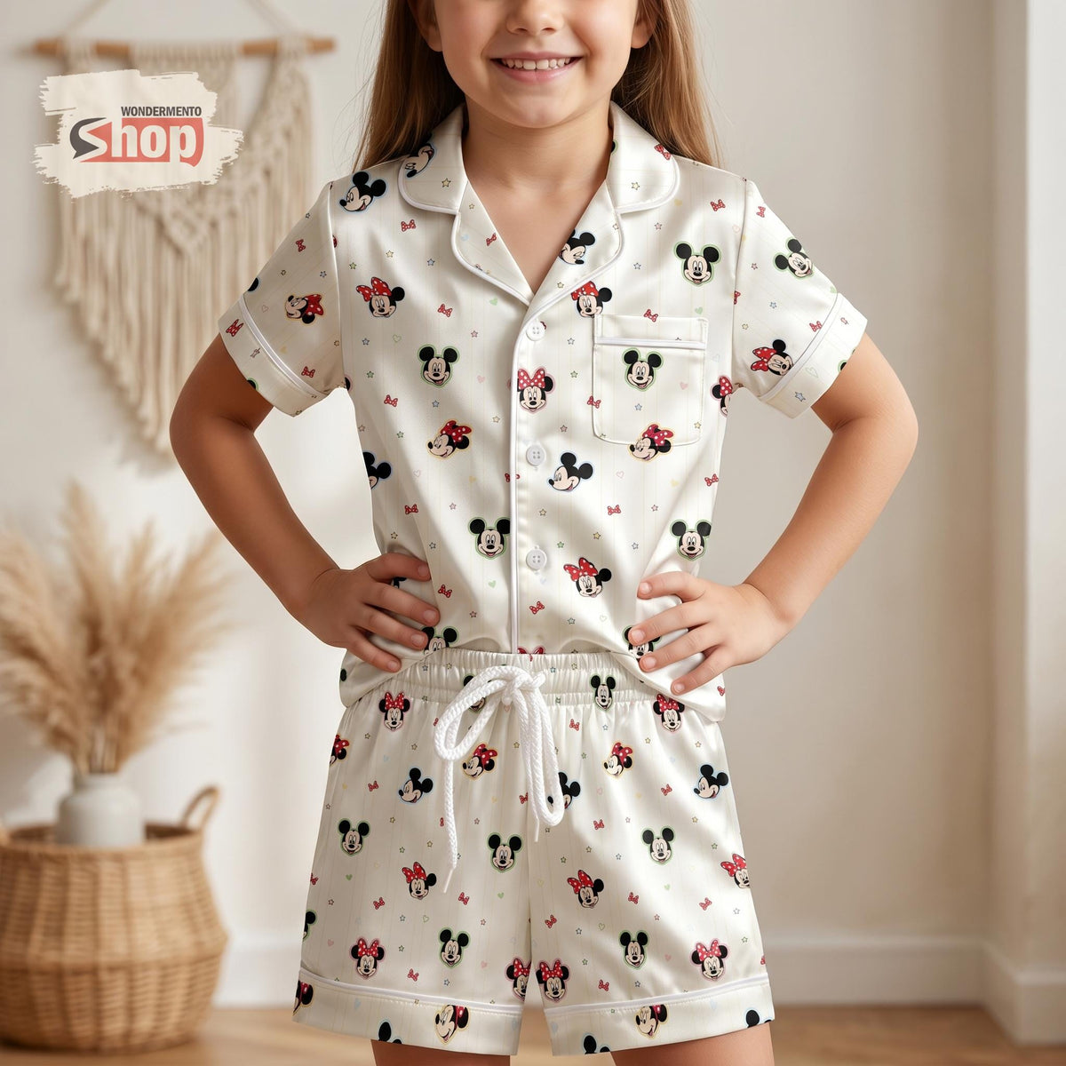 Mickey Minnie Mouse Kids Pajama Set, Disney Girls Satin Sleepwear, Cute Short Sleeve Button Up PJs, Toddler Summer Birthday Gift 2026