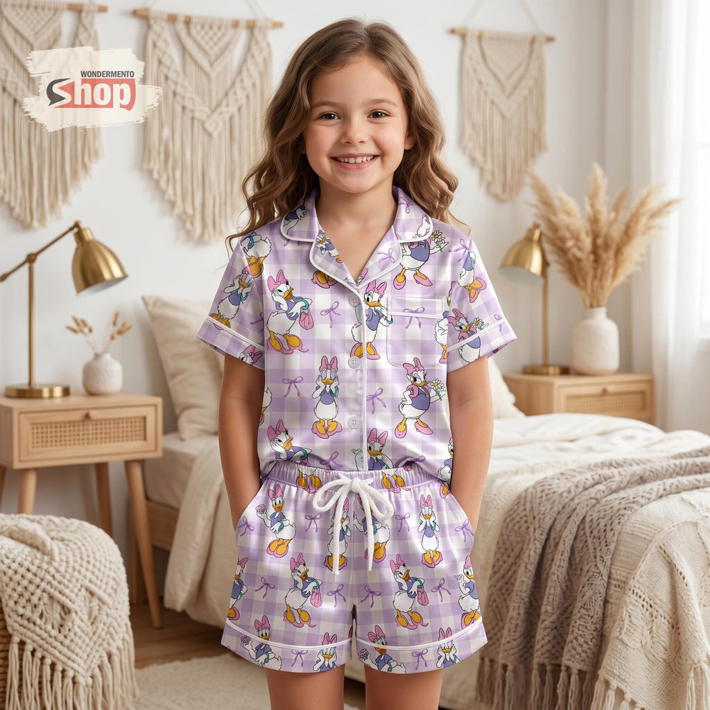 Daisy Duck Purple Gingham Kids Satin Pajamas Set, Disney Girls Toddler Sleepwear, Coquette Summer PJs, Cute Birthday Gift For Kids