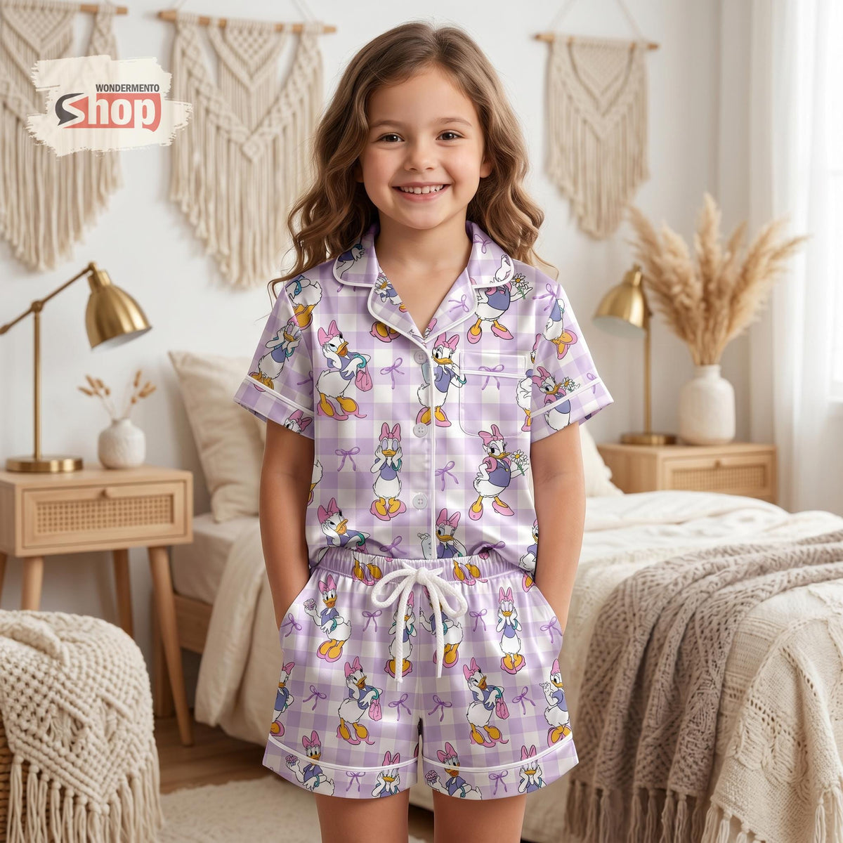 Daisy Duck Purple Gingham Kids Satin Pajamas Set, Disney Girls Toddler Sleepwear, Coquette Summer PJs, Cute Birthday Gift For Kids
