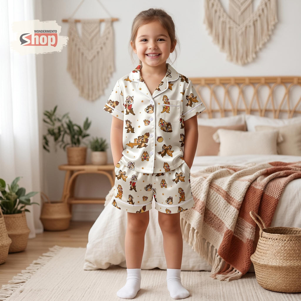 Chip n Dale Cream Kids Satin Pajamas Set, Rescue Rangers Toddler Sleepwear, Disney Squirrel Summer PJs, Cute Birthday Gift For Girls