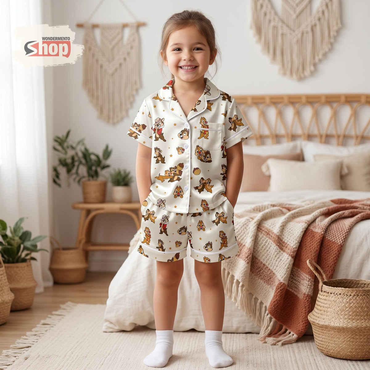 Chip n Dale Cream Kids Satin Pajamas Set, Rescue Rangers Toddler Sleepwear, Disney Squirrel Summer PJs, Cute Birthday Gift For Girls