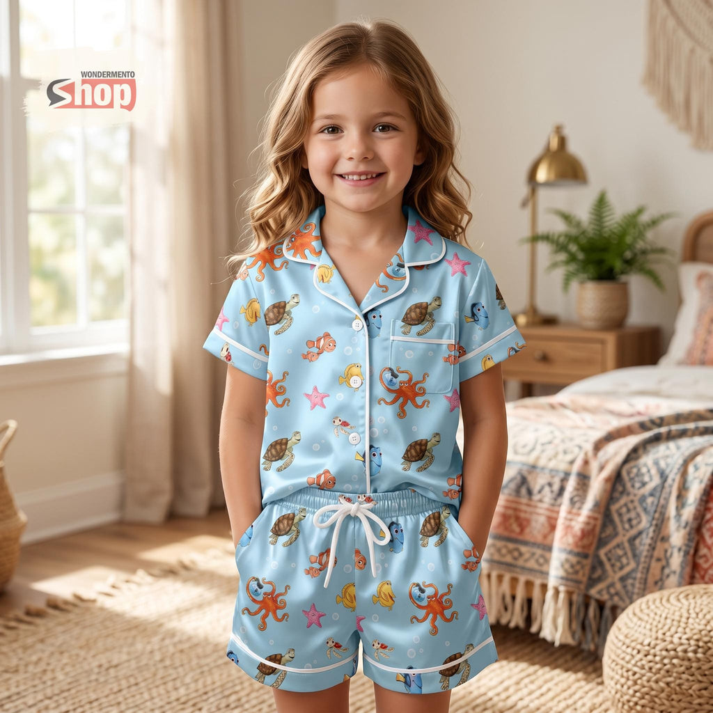 Finding Nemo Kids Pajama Set, Disney Ocean Sleepwear, Dory Toddler Short Sleeve PJs, Boys Girls Summer Satin Button Up Birthday Gift 2026