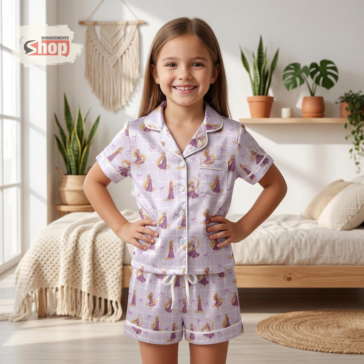 Coquette Rapunzel Kids Pajama Set, Disney Princess Satin Sleepwear, Purple Bow Toddler Girl Short Sleeve Button Up PJs Birthday Gift
