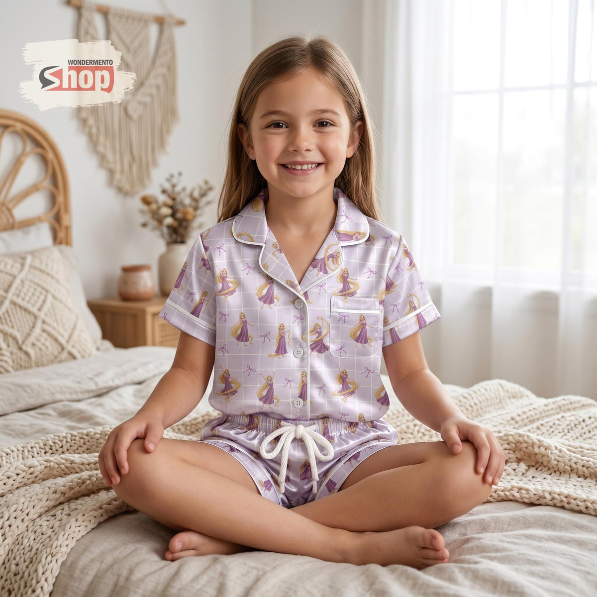 Coquette Rapunzel Kids Pajama Set, Disney Princess Satin Sleepwear, Purple Bow Toddler Girl Short Sleeve Button Up PJs Birthday Gift