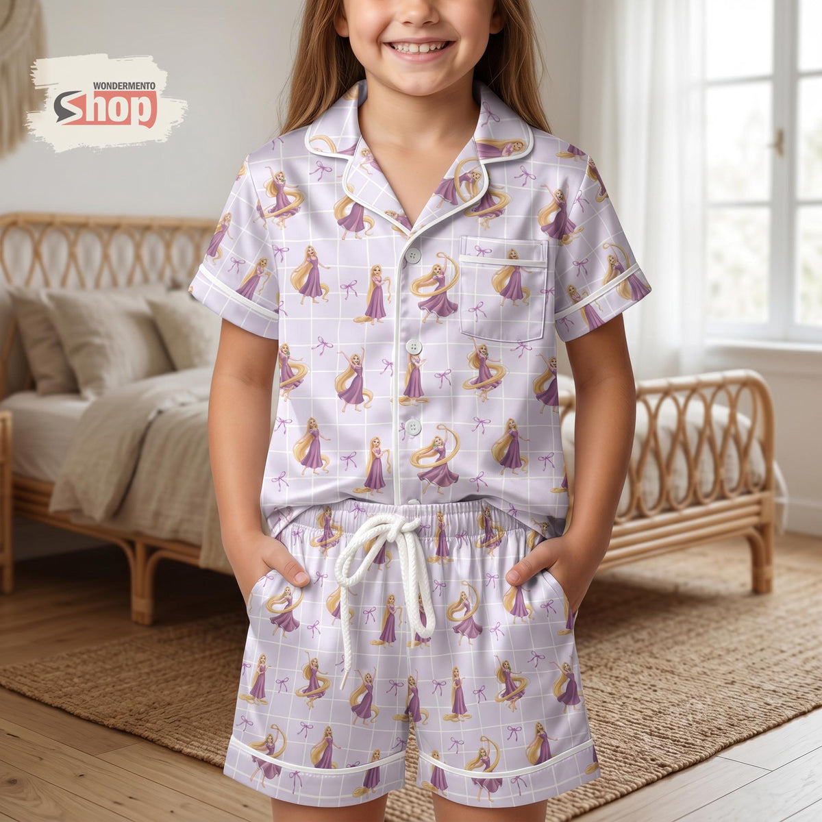 Coquette Rapunzel Kids Pajama Set, Disney Princess Satin Sleepwear, Purple Bow Toddler Girl Short Sleeve Button Up PJs Birthday Gift