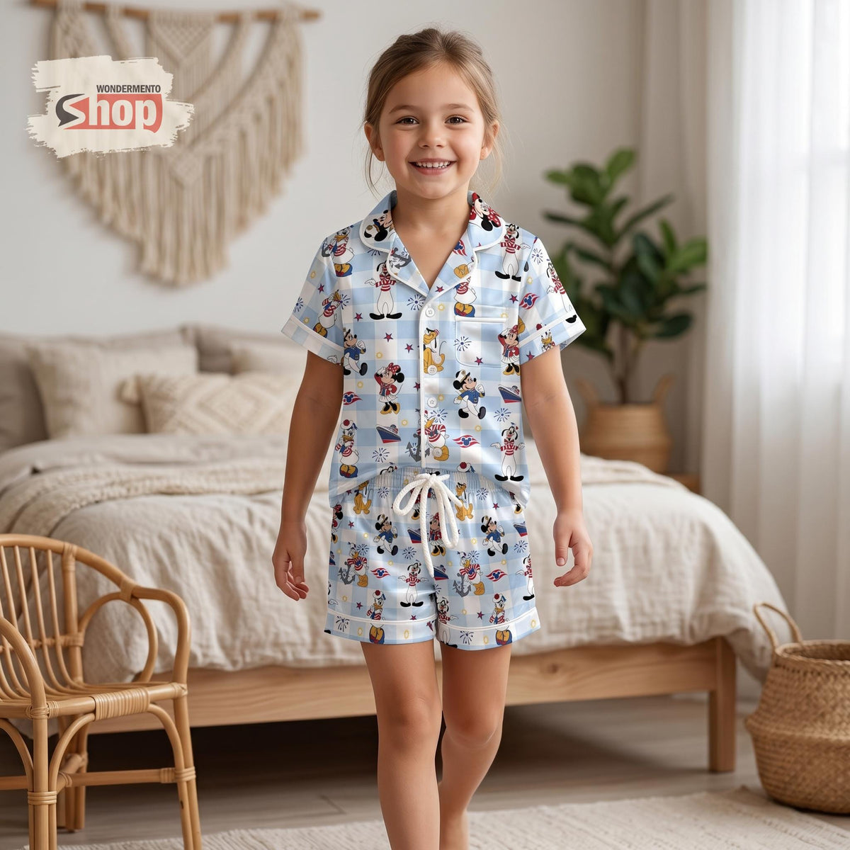 Mickey And Friends Nautical Sailor Kids Satin Pajamas Set, Disney Cruise Toddler Sleepwear, Blue Gingham Summer PJs, Birthday Gift For Girls