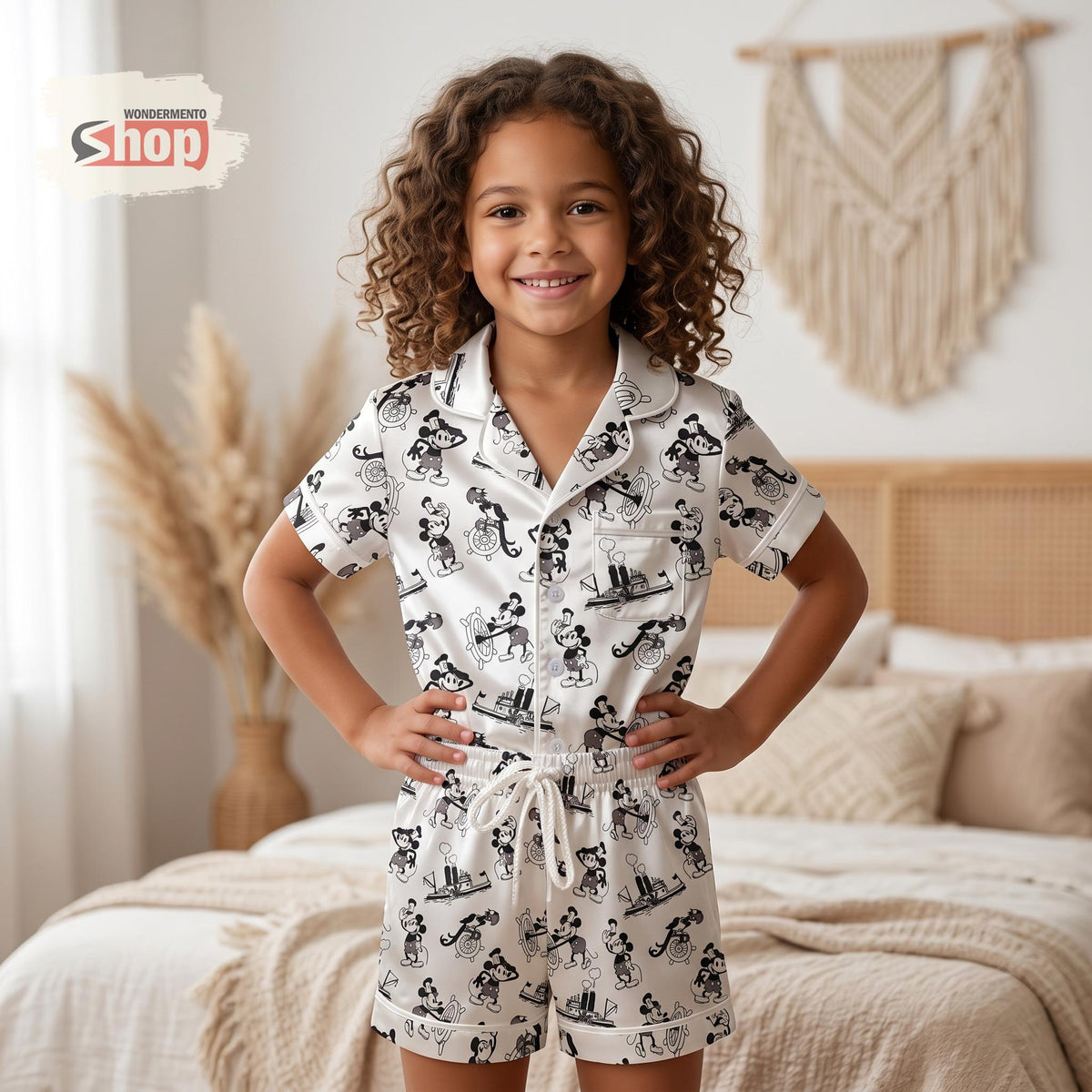 Steamboat Willie Mickey Mouse Vintage 1928 Kids Satin Pajamas Set, Retro Disney Toddler Sleepwear, Family Matching Gift For Boys Girls