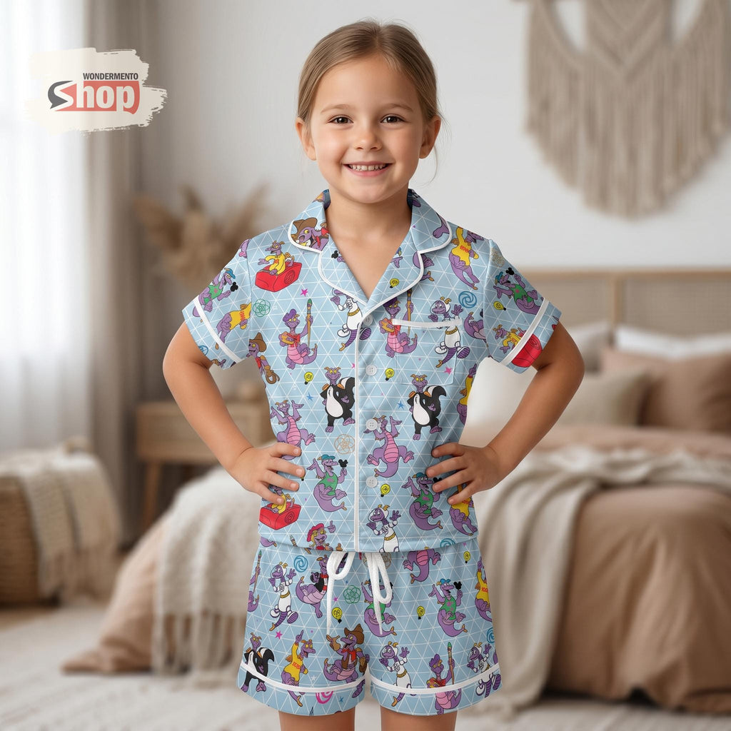 Funny Figment Dragon Kids Satin Pajamas Set, Journey Into Imagination Sleepwear, Epcot Center Disney Family Trip Gift For Girls Boys