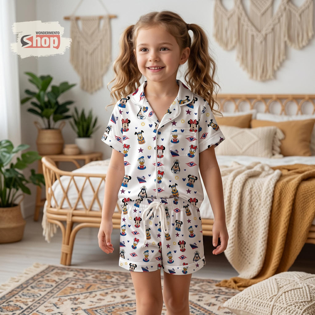 Disney Cruise Kids Satin Pajamas Set, Mickey Minnie Pirate Sleepwear, Nautical Family Vacation PJs, Toddler Summer Gift For Girls Kids