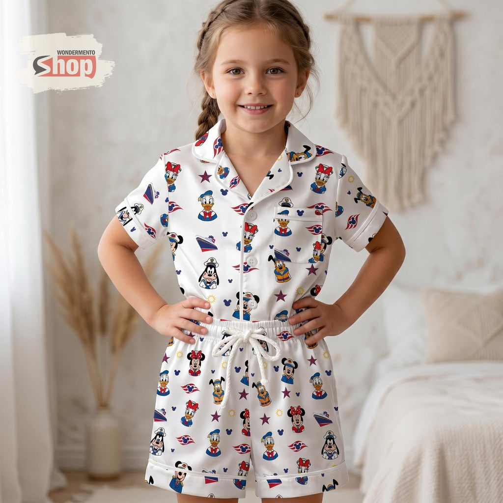 Disney Cruise Kids Satin Pajamas Set, Mickey Minnie Pirate Sleepwear, Nautical Family Vacation PJs, Toddler Summer Gift For Girls Kids