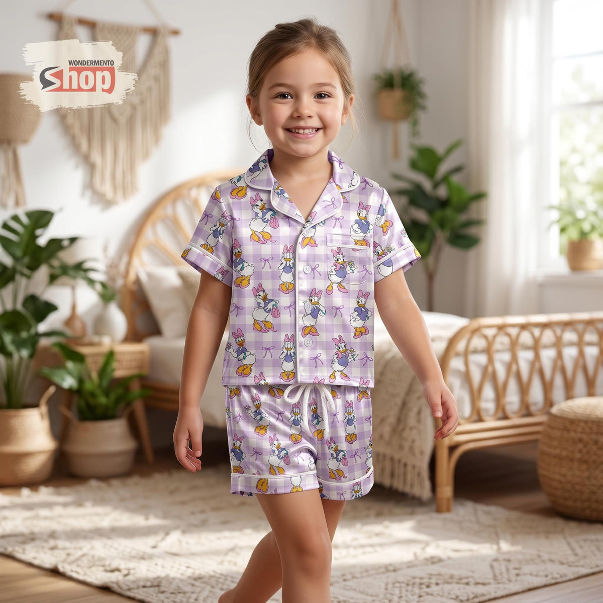 Daisy Duck Purple Gingham Kids Satin Pajamas Set, Disney Girls Toddler Sleepwear, Coquette Summer PJs, Cute Birthday Gift For Kids