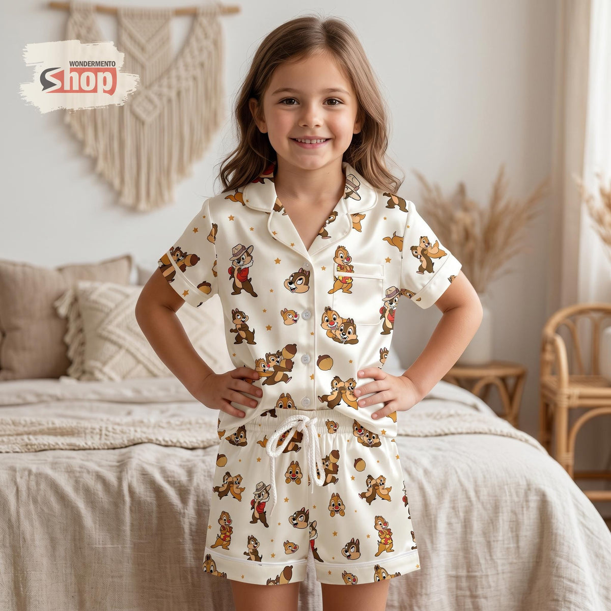 Chip n Dale Cream Kids Satin Pajamas Set, Rescue Rangers Toddler Sleepwear, Disney Squirrel Summer PJs, Cute Birthday Gift For Girls