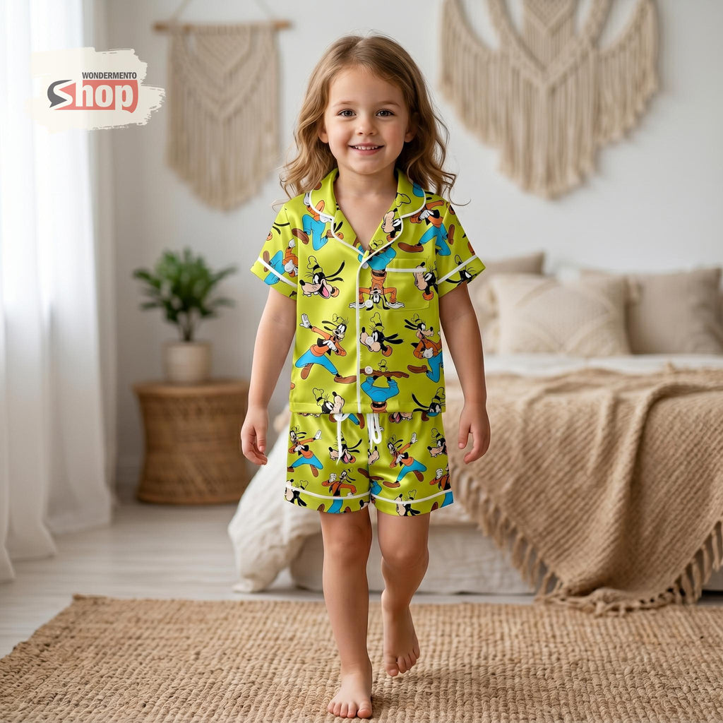 Goofy Kids Satin Pajamas Set, Disney Toddler Sleepwear, Bright Green Cartoon Summer PJs, Cute Vacation Birthday Gift For Boys Girls