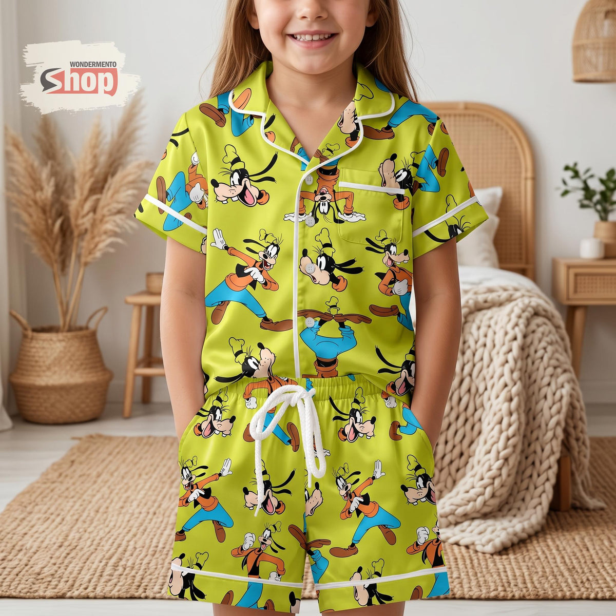 Goofy Kids Satin Pajamas Set, Disney Toddler Sleepwear, Bright Green Cartoon Summer PJs, Cute Vacation Birthday Gift For Boys Girls