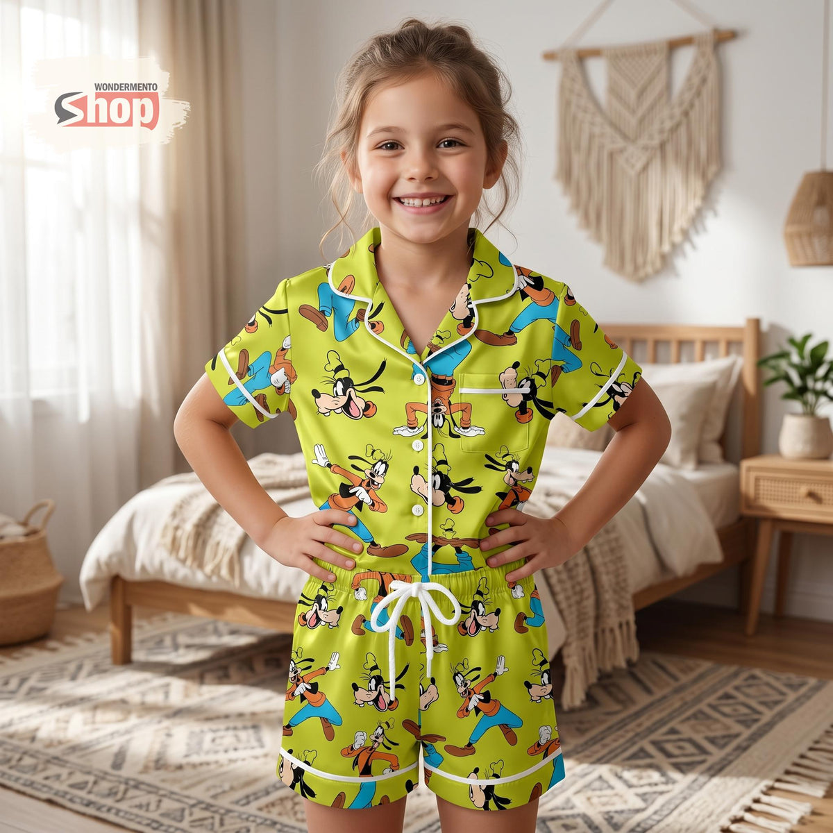 Goofy Kids Satin Pajamas Set, Disney Toddler Sleepwear, Bright Green Cartoon Summer PJs, Cute Vacation Birthday Gift For Boys Girls
