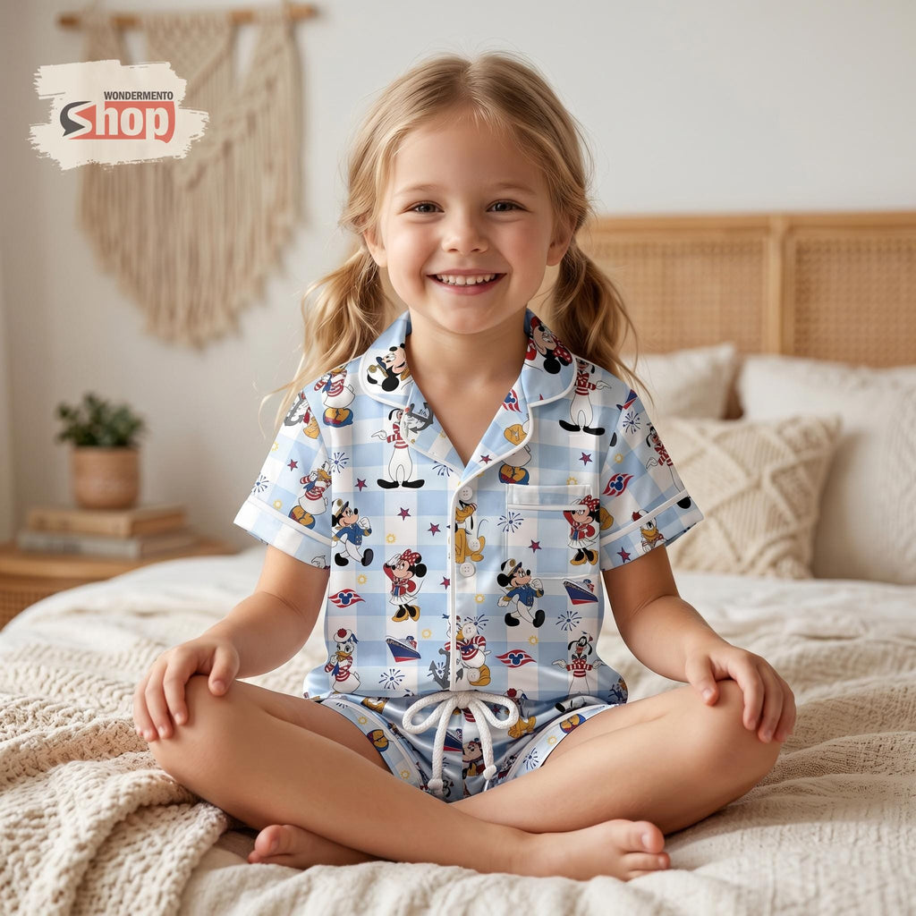 Mickey And Friends Nautical Sailor Kids Satin Pajamas Set, Disney Cruise Toddler Sleepwear, Blue Gingham Summer PJs, Birthday Gift For Girls