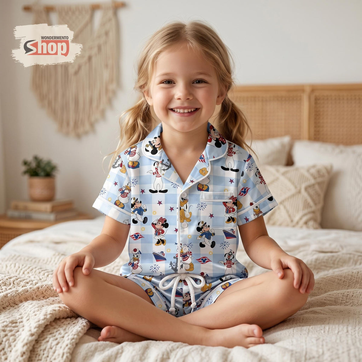 Mickey And Friends Nautical Sailor Kids Satin Pajamas Set, Disney Cruise Toddler Sleepwear, Blue Gingham Summer PJs, Birthday Gift For Girls