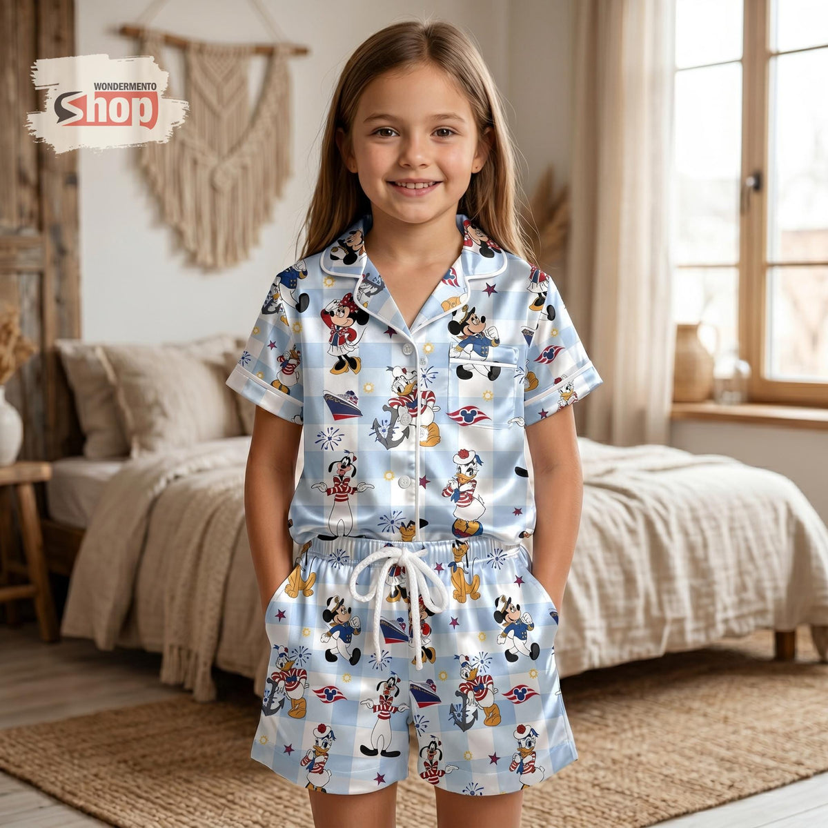 Mickey And Friends Nautical Sailor Kids Satin Pajamas Set, Disney Cruise Toddler Sleepwear, Blue Gingham Summer PJs, Birthday Gift For Girls