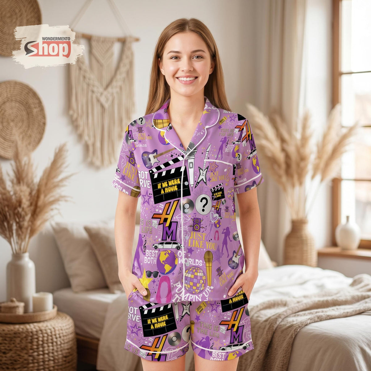 Hannah Montana Satin Pajama Set, Disney Channel Pop Star Sleepwear, Best Of Both Worlds Pjs, 2000s Music Logo Gift For Women Girls
