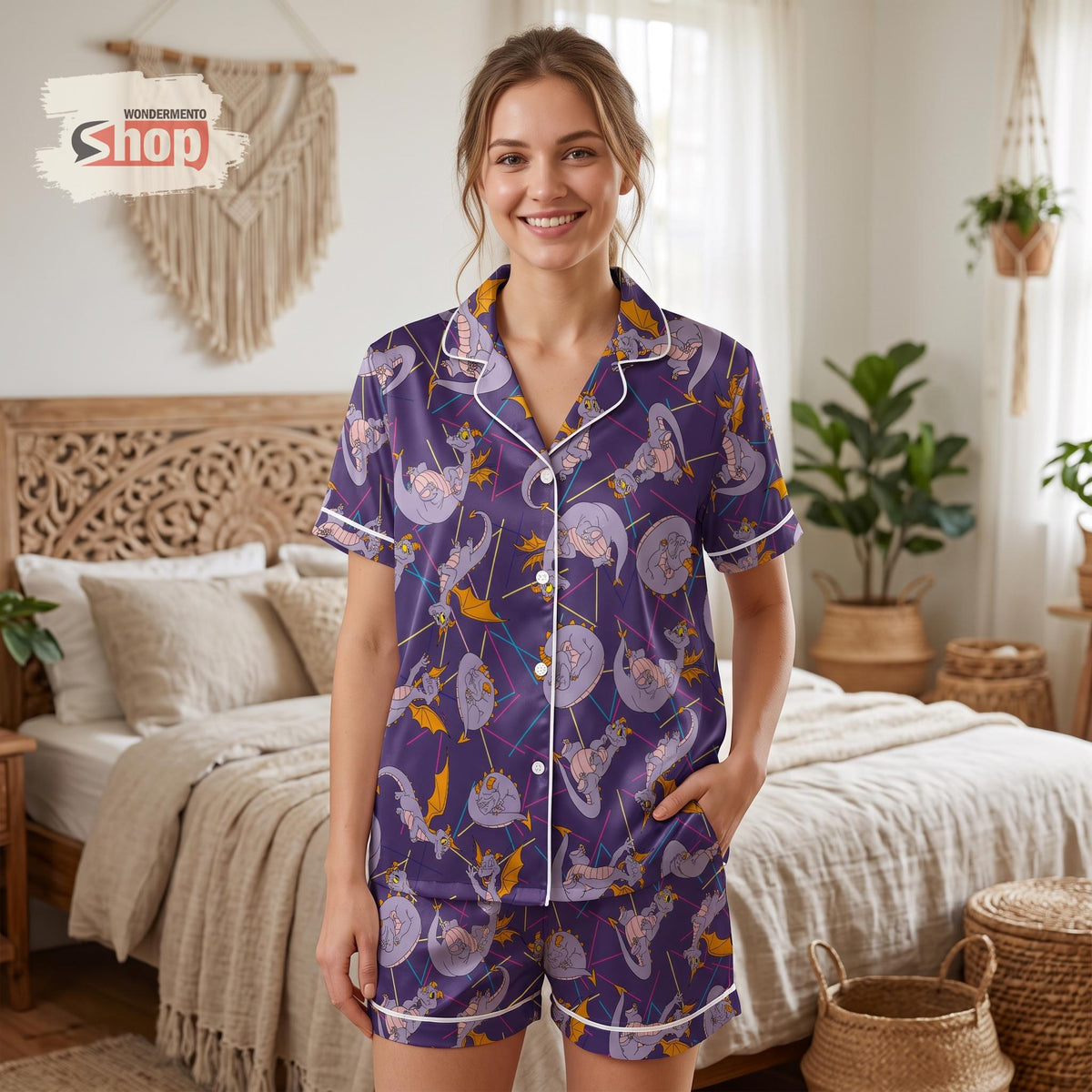 Figment Dragon Womens Satin Pajamas Short Set, One Little Spark Purple PJs, Disney Inspired Sleepwear, Cute Epcot Trip Gift For Her