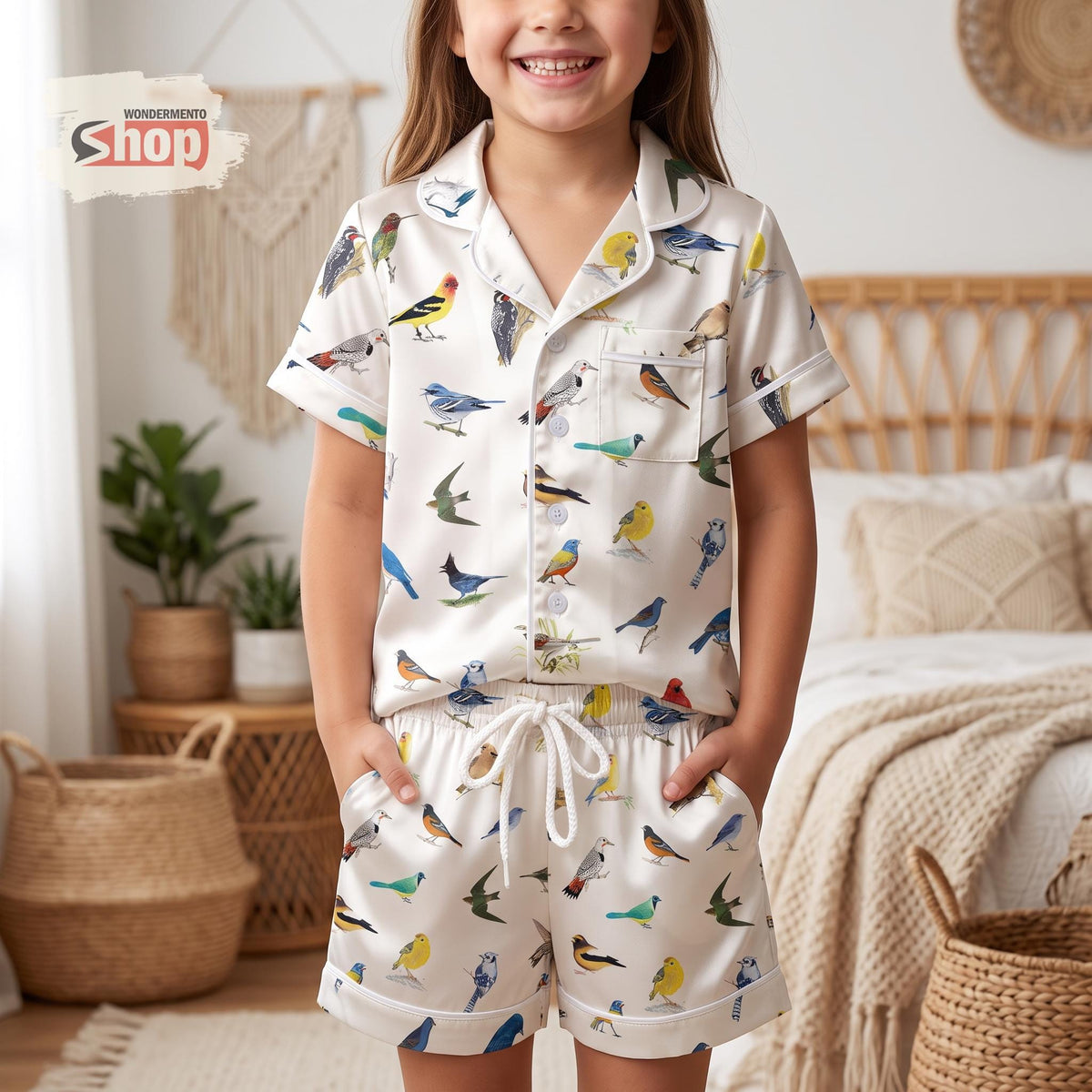 Retro North America Birds Kids Satin Pajamas Set, Bird Watching Short PJs, Bird Lover Sleepwear, Cute Nature Wildlife Gift For Girls