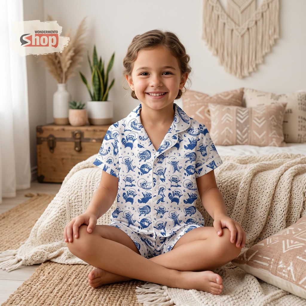 Space Raccoon Kids Satin Pajamas Set, Astronaut Raccoon Short Pjs, Galaxy Animal Toddler Sleepwear, Raccoon Lover Gift For Boys Girls