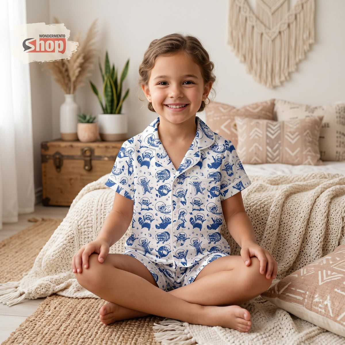 Space Raccoon Kids Satin Pajamas Set, Astronaut Raccoon Short Pjs, Galaxy Animal Toddler Sleepwear, Raccoon Lover Gift For Boys Girls