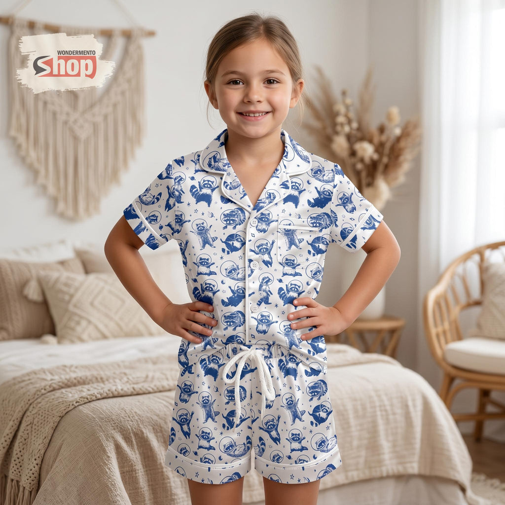 Space Raccoon Kids Satin Pajamas Set, Astronaut Raccoon Short Pjs, Galaxy Animal Toddler Sleepwear, Raccoon Lover Gift For Boys Girls