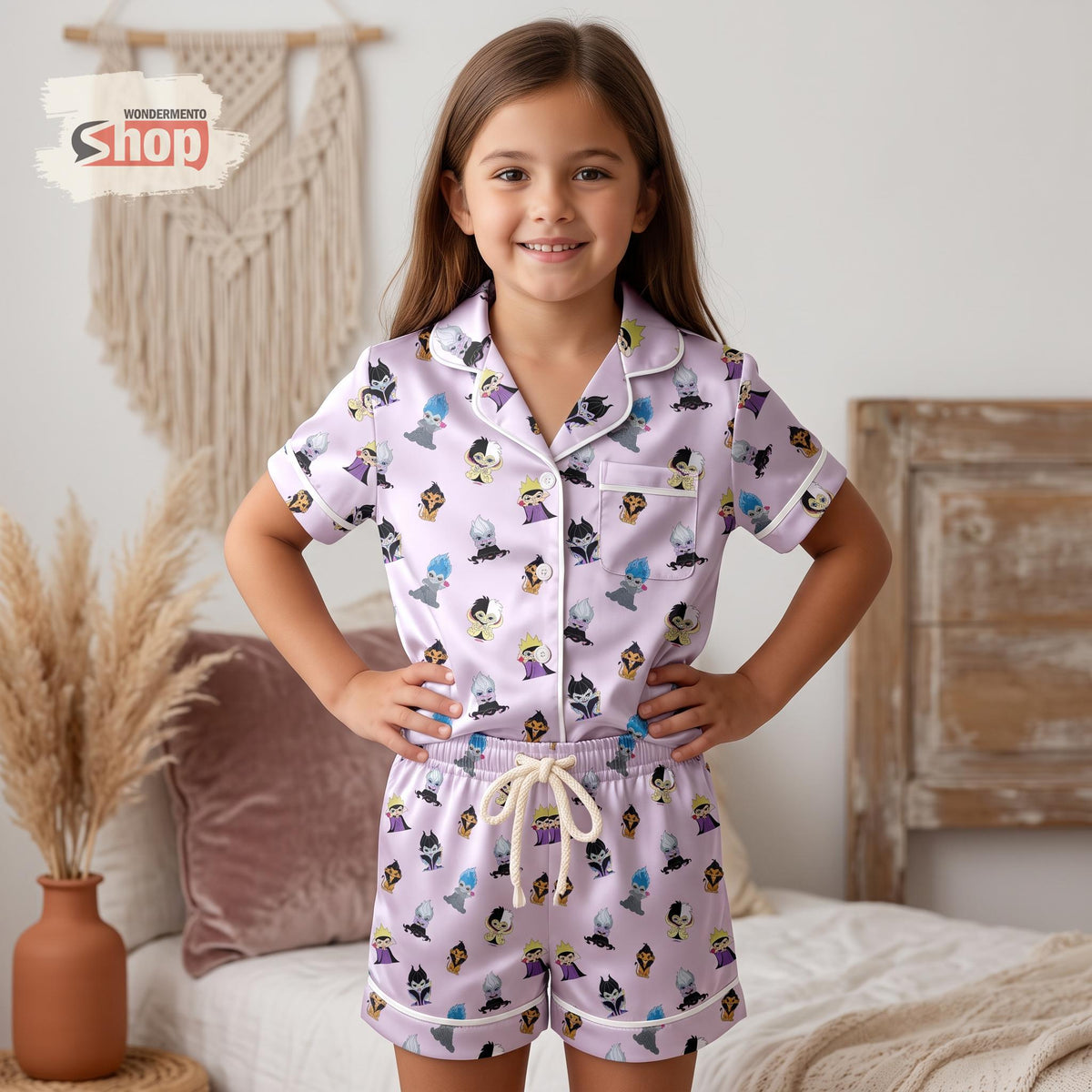 Purple Disney Villains Kids Satin Pajamas Set, Evil Queen Maleficent Short PJs, Toddler Cartoon Sleepwear, Cute Villain Gift For Girls