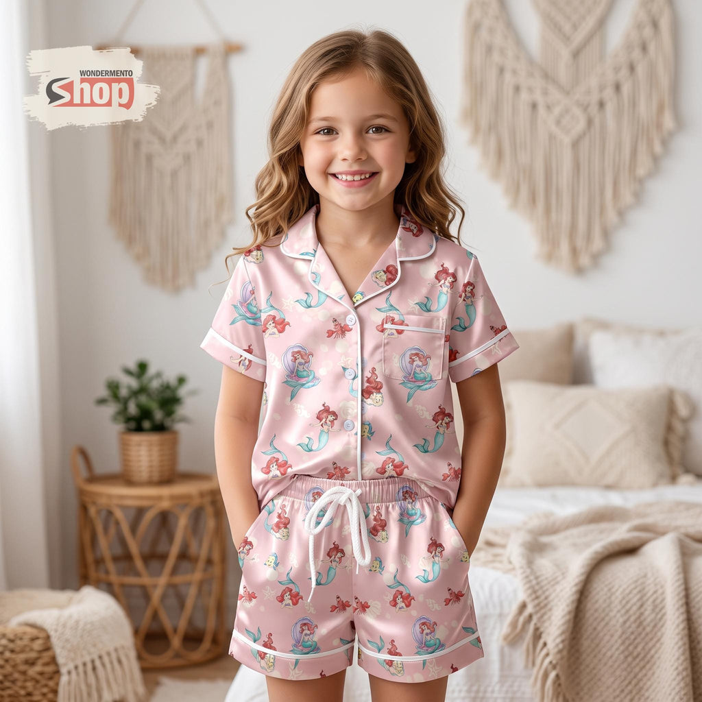 Ariel Princess Kids Satin Pajamas Set, Little Mermaid Pink Short PJs, Disney Inspired Toddler Sleepwear, Cute Mermaid Gift For Girls