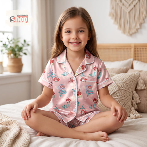 Ariel Princess Kids Satin Pajamas Set, Little Mermaid Pink Short PJs, Disney Inspired Toddler Sleepwear, Cute Mermaid Gift For Girls