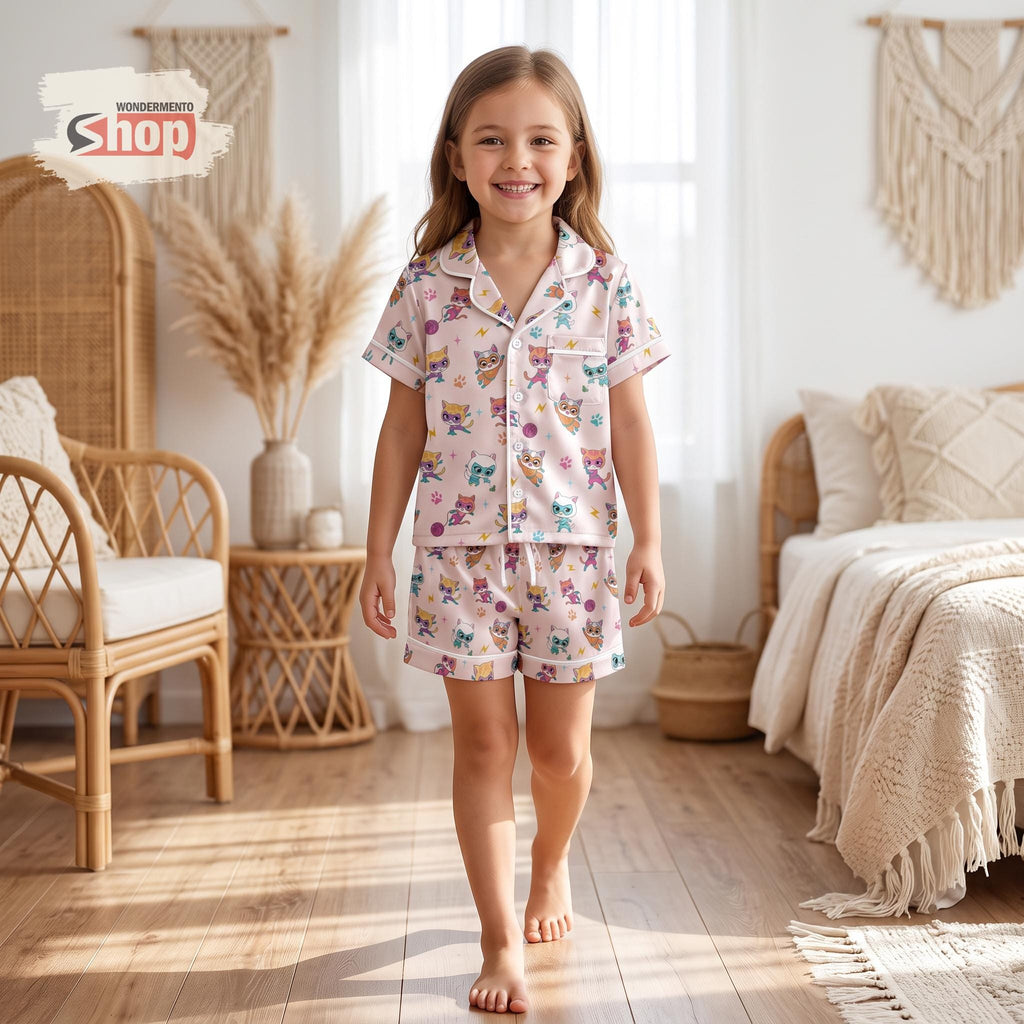 Coquette Superkitties Kids Satin Pajamas Set, Cute Cat Hero Short PJs, Disney Inspired Toddler Sleepwear, Cute Birthday Gift For Girls