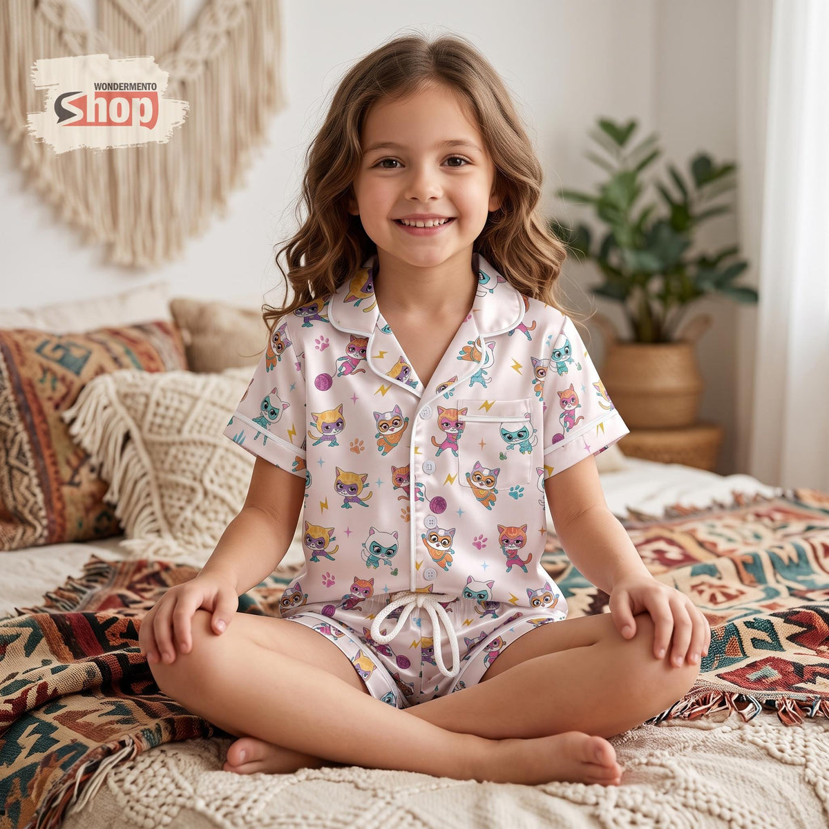 Coquette Superkitties Kids Satin Pajamas Set, Cute Cat Hero Short PJs, Disney Inspired Toddler Sleepwear, Cute Birthday Gift For Girls
