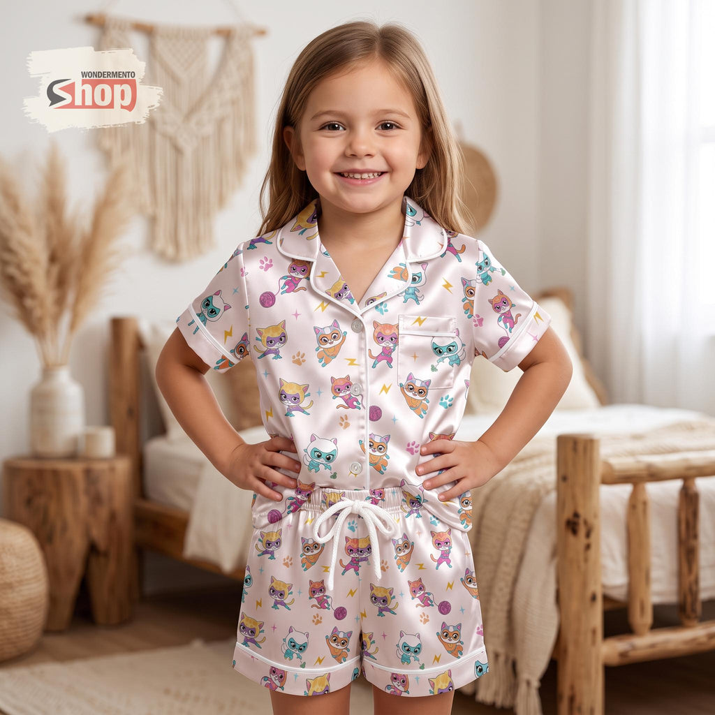 Coquette Superkitties Kids Satin Pajamas Set, Cute Cat Hero Short PJs, Disney Inspired Toddler Sleepwear, Cute Birthday Gift For Girls